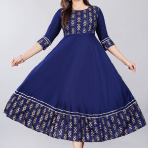 UPKURTI Women Fit and Flare Printed Rayon Blue Dress